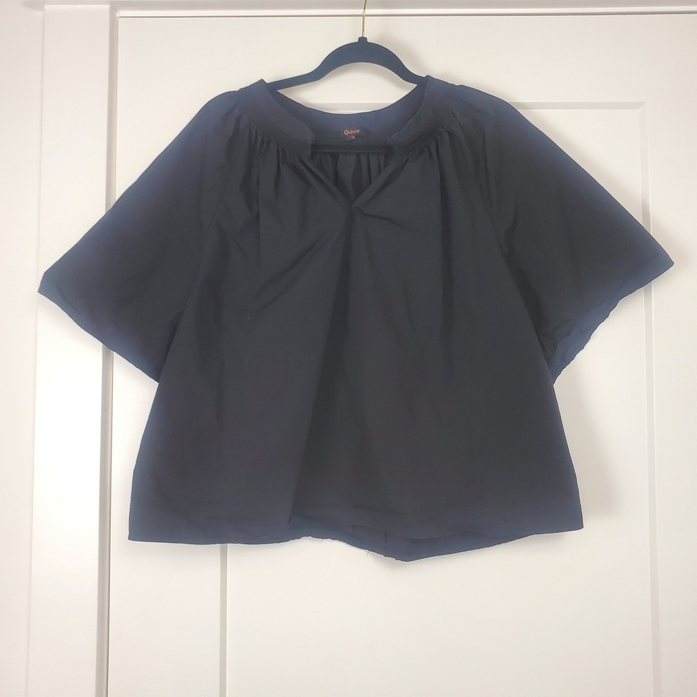 Quince Blouse Womens XL Black 100% Organic Cotton Smocked V-Neck Short Sleeve